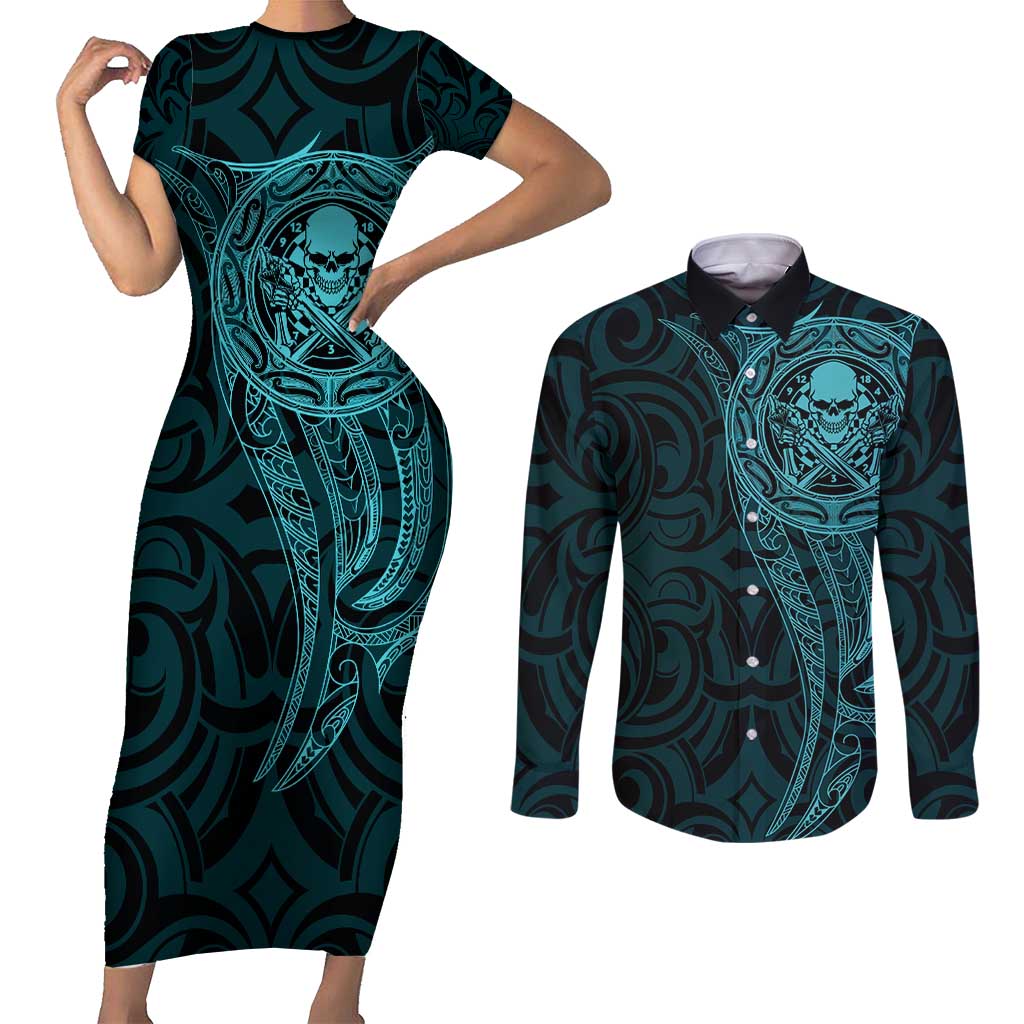 New Zealand Skull Darts Couples Matching Short Sleeve Bodycon Dress and Long Sleeve Button Shirt Aotearoa Maori Chest Tattoo Stylized Teal - Polynesian Pride