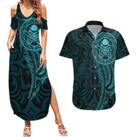 New Zealand Skull Darts Couples Matching Summer Maxi Dress and Hawaiian Shirt Aotearoa Maori Chest Tattoo Stylized Teal - Polynesian Pride