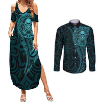 New Zealand Skull Darts Couples Matching Summer Maxi Dress and Long Sleeve Button Shirt Aotearoa Maori Chest Tattoo Stylized Teal - Polynesian Pride
