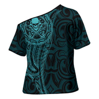 New Zealand Skull Darts Cross Shoulder Shirt Aotearoa Maori Chest Tattoo Stylized Teal - Polynesian Pride
