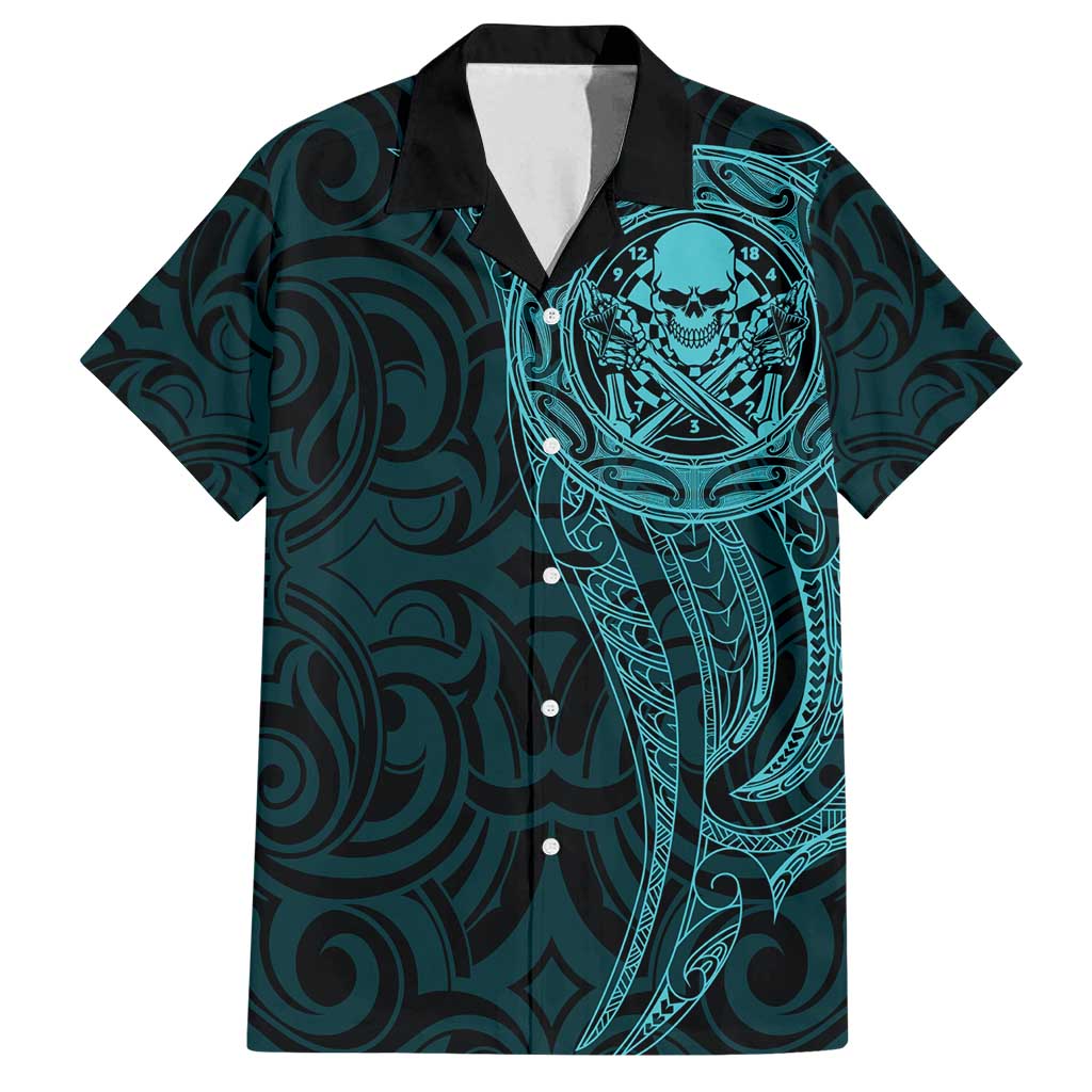 New Zealand Skull Darts Family Matching Long Sleeve Bodycon Dress and Hawaiian Shirt Aotearoa Maori Chest Tattoo Stylized Teal - Polynesian Pride