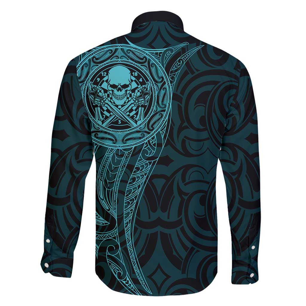 New Zealand Skull Darts Family Matching Long Sleeve Bodycon Dress and Hawaiian Shirt Aotearoa Maori Chest Tattoo Stylized Teal - Polynesian Pride