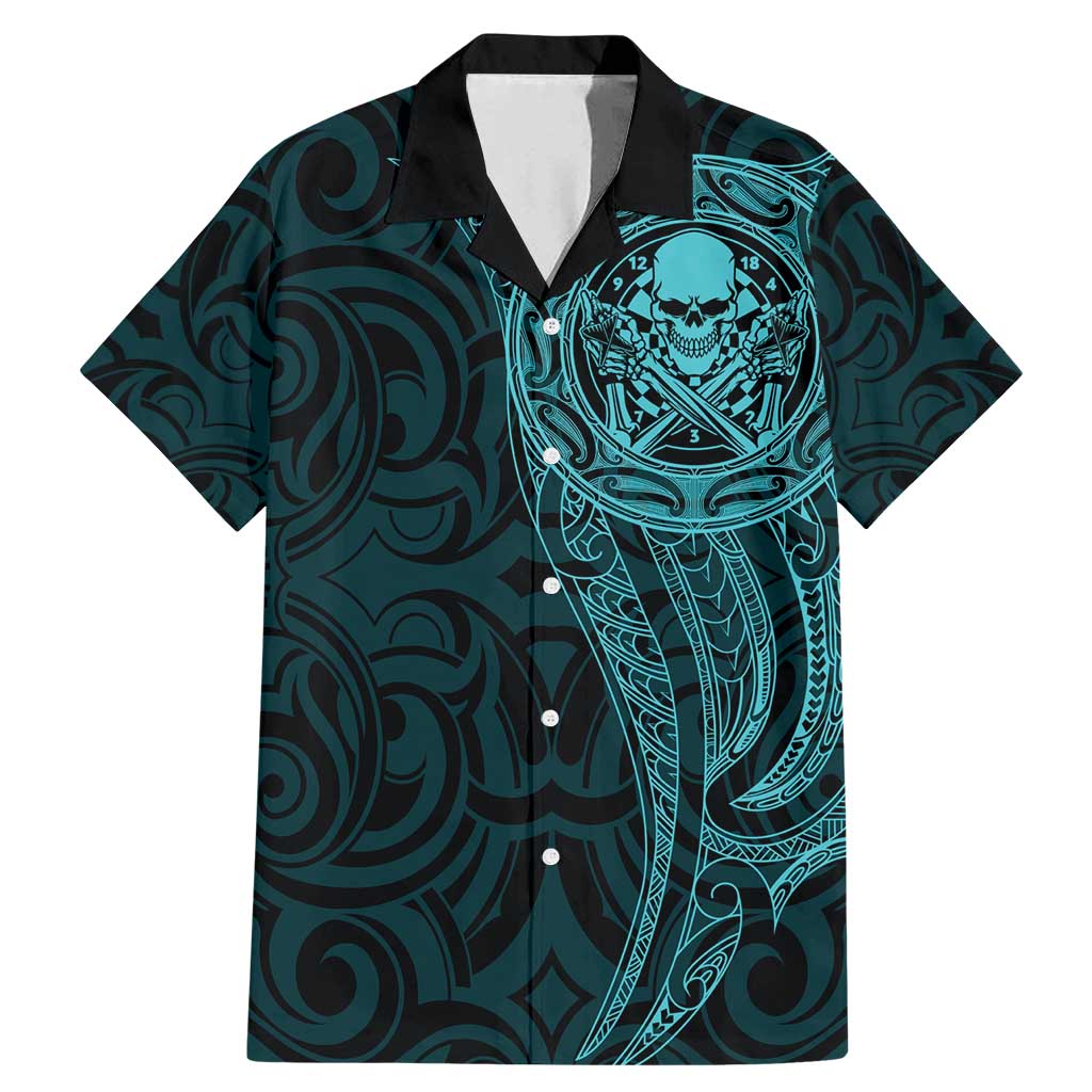 New Zealand Skull Darts Family Matching Mermaid Dress and Hawaiian Shirt Aotearoa Maori Chest Tattoo Stylized Teal - Polynesian Pride