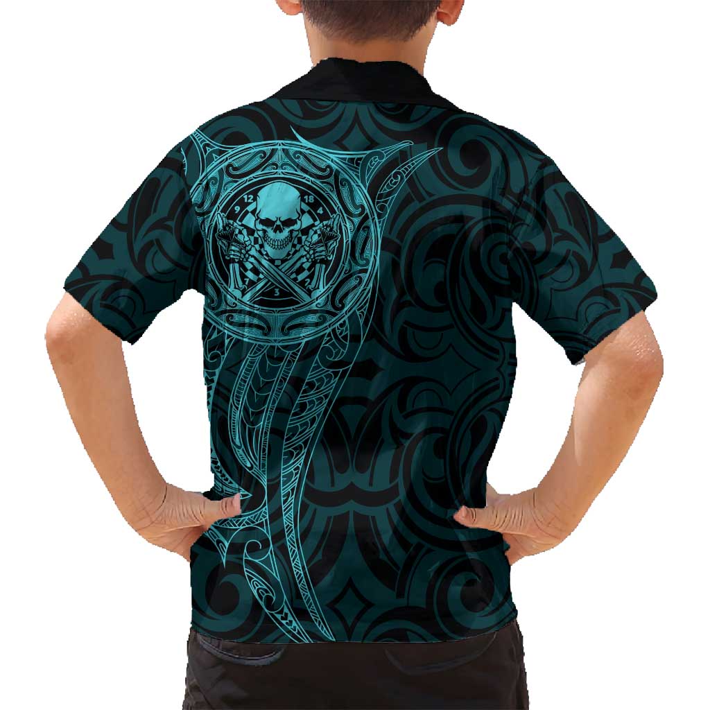 New Zealand Skull Darts Family Matching Off Shoulder Maxi Dress and Hawaiian Shirt Aotearoa Maori Chest Tattoo Stylized Teal - Polynesian Pride