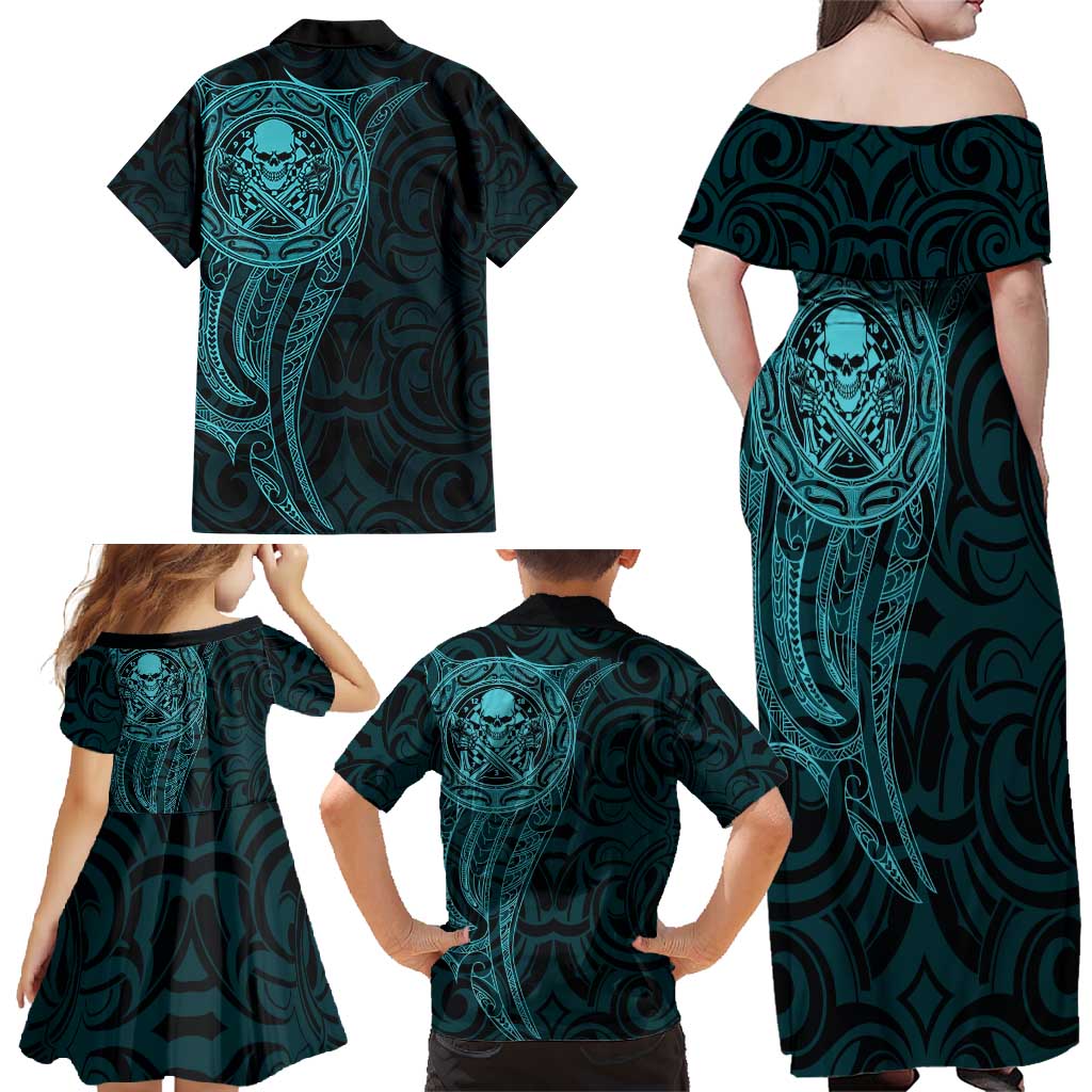 New Zealand Skull Darts Family Matching Off Shoulder Maxi Dress and Hawaiian Shirt Aotearoa Maori Chest Tattoo Stylized Teal - Polynesian Pride