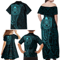 New Zealand Skull Darts Family Matching Off Shoulder Maxi Dress and Hawaiian Shirt Aotearoa Maori Chest Tattoo Stylized Teal - Polynesian Pride