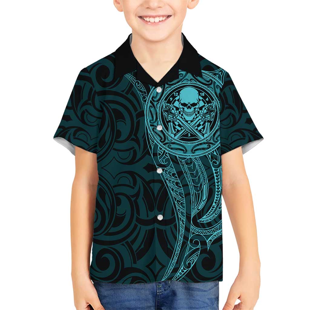 New Zealand Skull Darts Family Matching Off Shoulder Maxi Dress and Hawaiian Shirt Aotearoa Maori Chest Tattoo Stylized Teal - Polynesian Pride