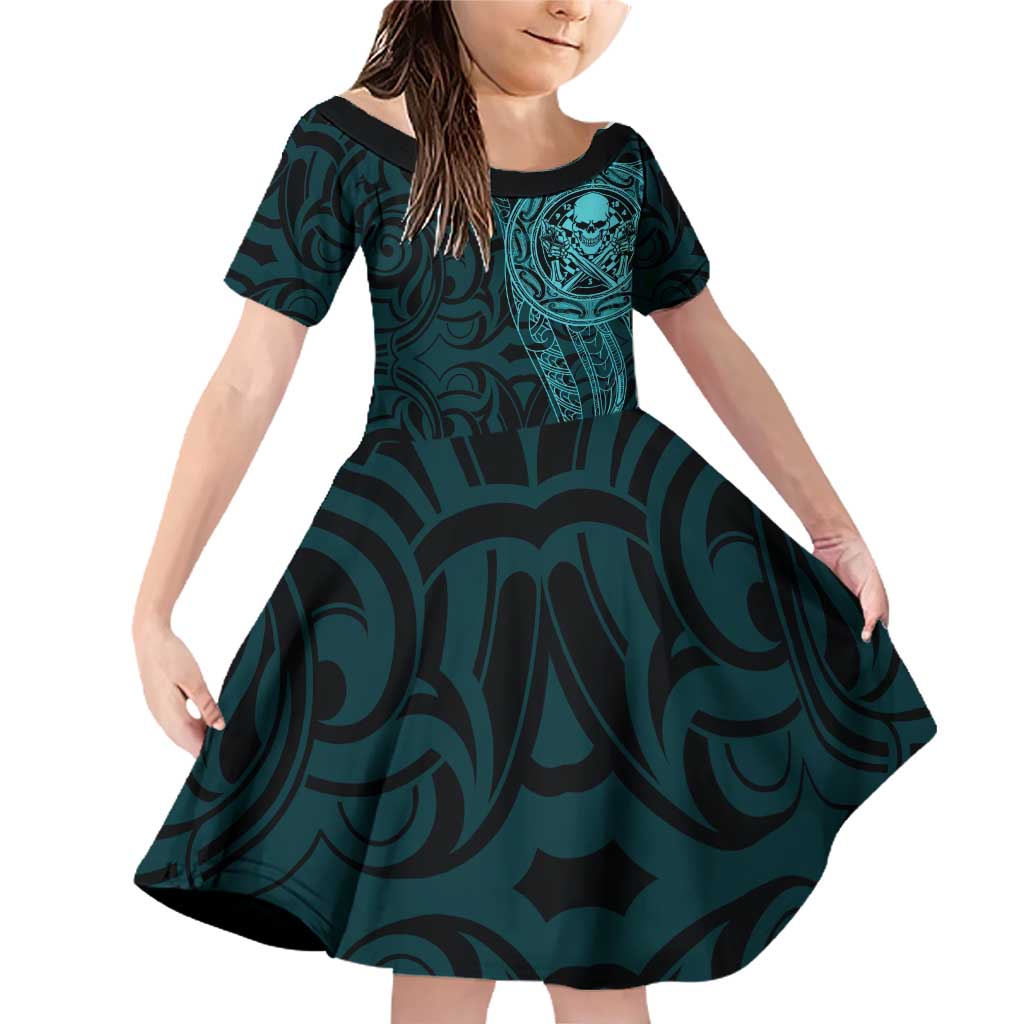 New Zealand Skull Darts Family Matching Off Shoulder Short Dress and Hawaiian Shirt Aotearoa Maori Chest Tattoo Stylized Teal - Polynesian Pride