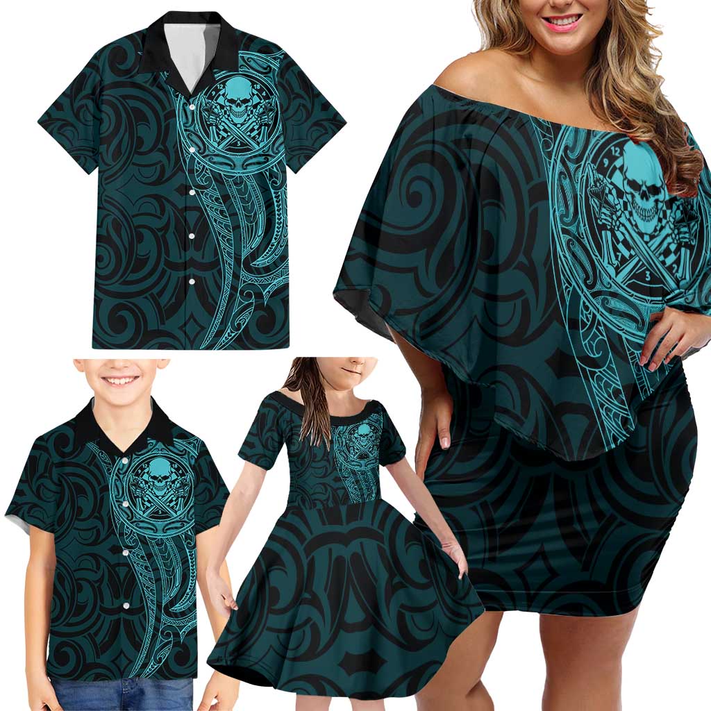 New Zealand Skull Darts Family Matching Off Shoulder Short Dress and Hawaiian Shirt Aotearoa Maori Chest Tattoo Stylized Teal - Polynesian Pride