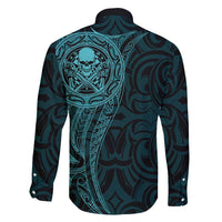 New Zealand Skull Darts Family Matching Off Shoulder Short Dress and Hawaiian Shirt Aotearoa Maori Chest Tattoo Stylized Teal - Polynesian Pride