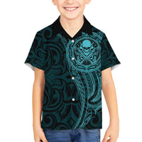New Zealand Skull Darts Family Matching Puletasi and Hawaiian Shirt Aotearoa Maori Chest Tattoo Stylized Teal - Polynesian Pride