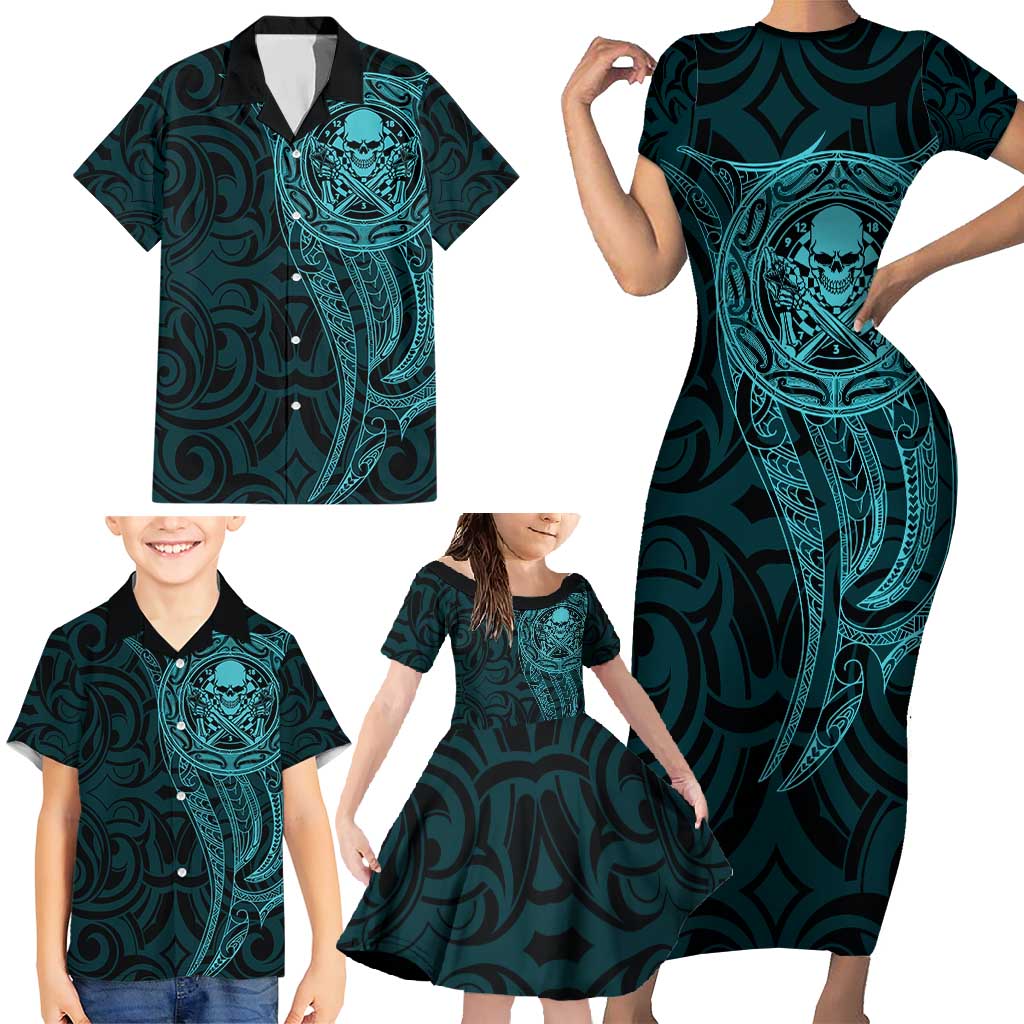 New Zealand Skull Darts Family Matching Short Sleeve Bodycon Dress and Hawaiian Shirt Aotearoa Maori Chest Tattoo Stylized Teal - Polynesian Pride
