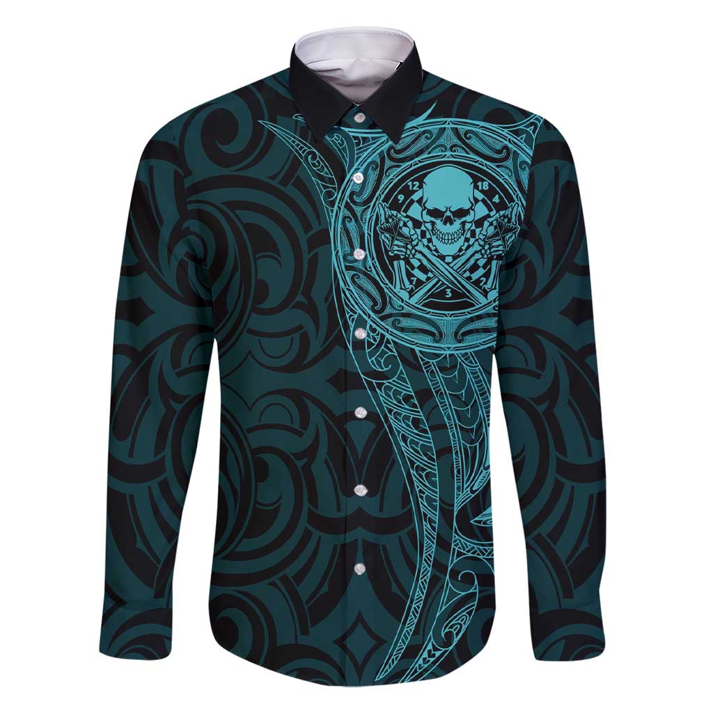 New Zealand Skull Darts Family Matching Short Sleeve Bodycon Dress and Hawaiian Shirt Aotearoa Maori Chest Tattoo Stylized Teal - Polynesian Pride