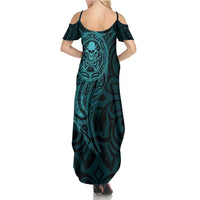 New Zealand Skull Darts Family Matching Summer Maxi Dress and Hawaiian Shirt Aotearoa Maori Chest Tattoo Stylized Teal - Polynesian Pride