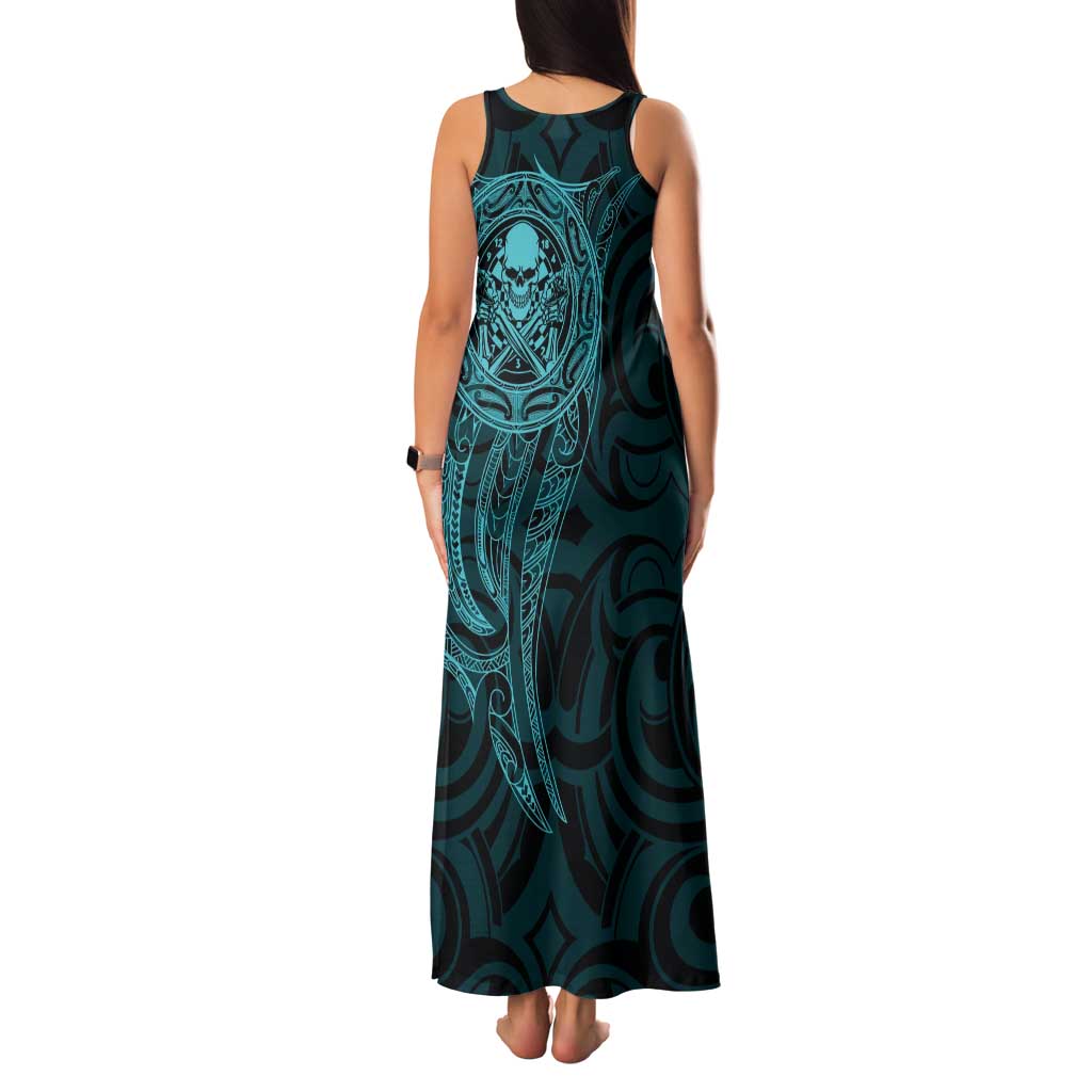 New Zealand Skull Darts Family Matching Tank Maxi Dress and Hawaiian Shirt Aotearoa Maori Chest Tattoo Stylized Teal - Polynesian Pride