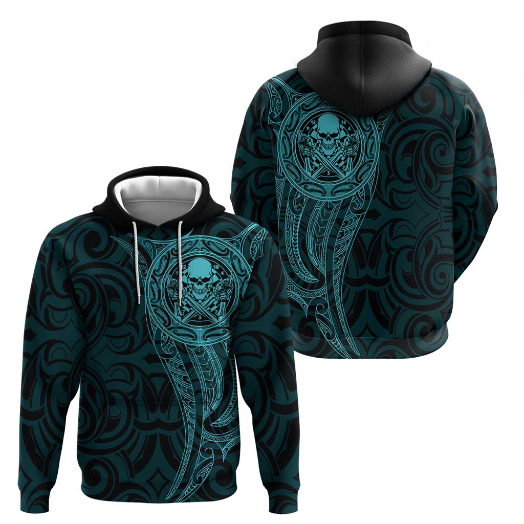 New Zealand Skull Darts Hoodie Aotearoa Maori Chest Tattoo Stylized Teal - Polynesian Pride