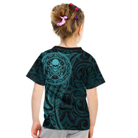 New Zealand Skull Darts Kid T Shirt Aotearoa Maori Chest Tattoo Stylized Teal - Polynesian Pride