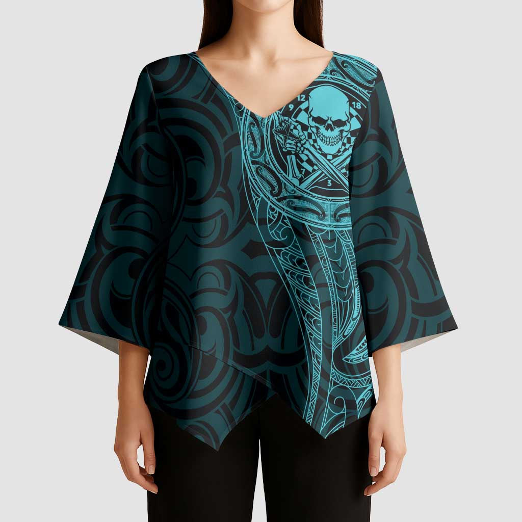 New Zealand Skull Darts Kimono Sleeve Blouse Aotearoa Maori Chest Tattoo Stylized Teal - Polynesian Pride