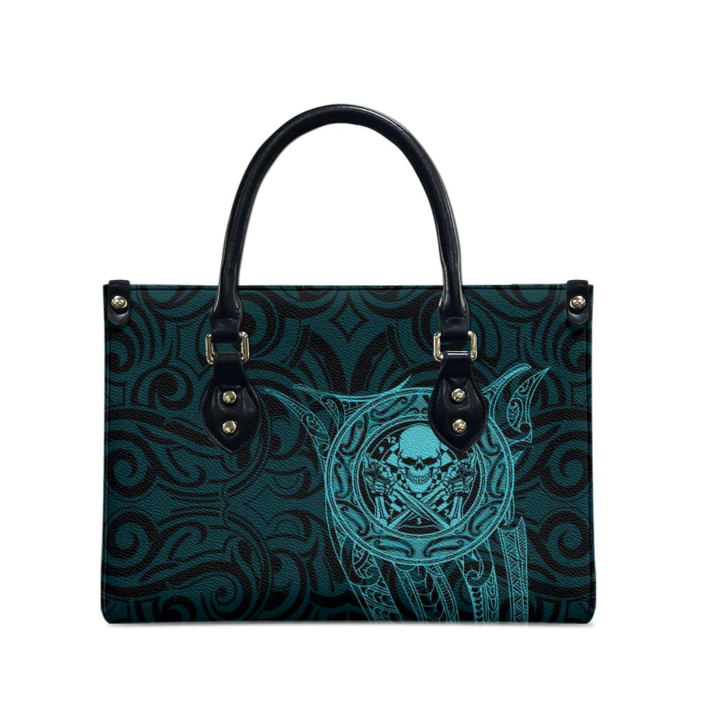 New Zealand Skull Darts Leather Bag Aotearoa Maori Chest Tattoo Stylized Teal - Polynesian Pride