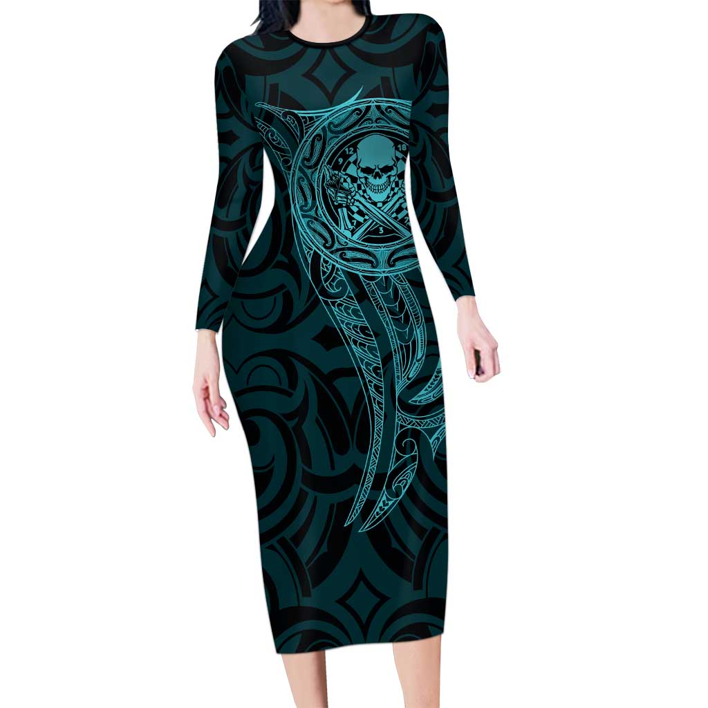 New Zealand Skull Darts Long Sleeve Bodycon Dress Aotearoa Maori Chest Tattoo Stylized Teal - Polynesian Pride