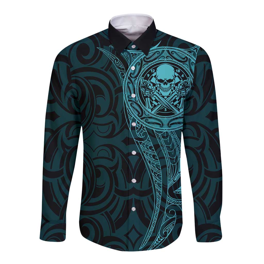 New Zealand Skull Darts Long Sleeve Button Shirt Aotearoa Maori Chest Tattoo Stylized Teal - Polynesian Pride