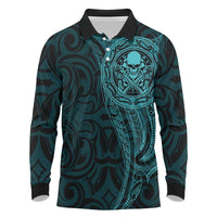 New Zealand Skull Darts Long Sleeve Polo Shirt Aotearoa Maori Chest Tattoo Stylized Teal - Polynesian Pride