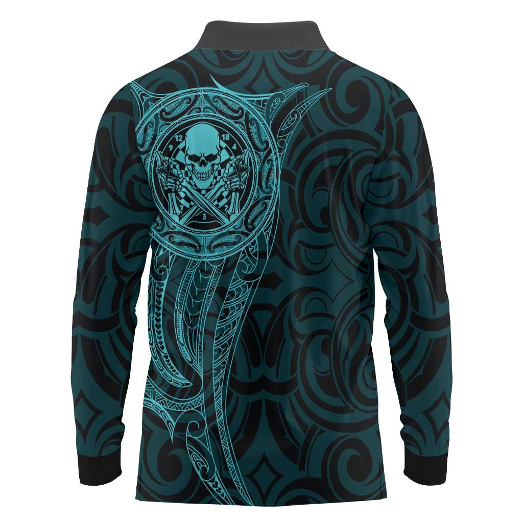 New Zealand Skull Darts Long Sleeve Polo Shirt Aotearoa Maori Chest Tattoo Stylized Teal - Polynesian Pride
