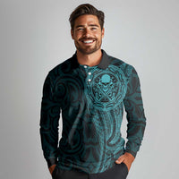 New Zealand Skull Darts Long Sleeve Polo Shirt Aotearoa Maori Chest Tattoo Stylized Teal - Polynesian Pride