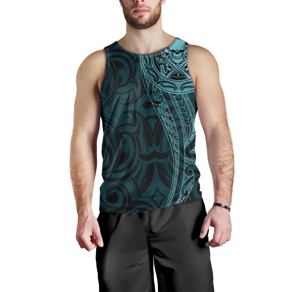 New Zealand Skull Darts Men Tank Top Aotearoa Maori Chest Tattoo Stylized Teal - Polynesian Pride