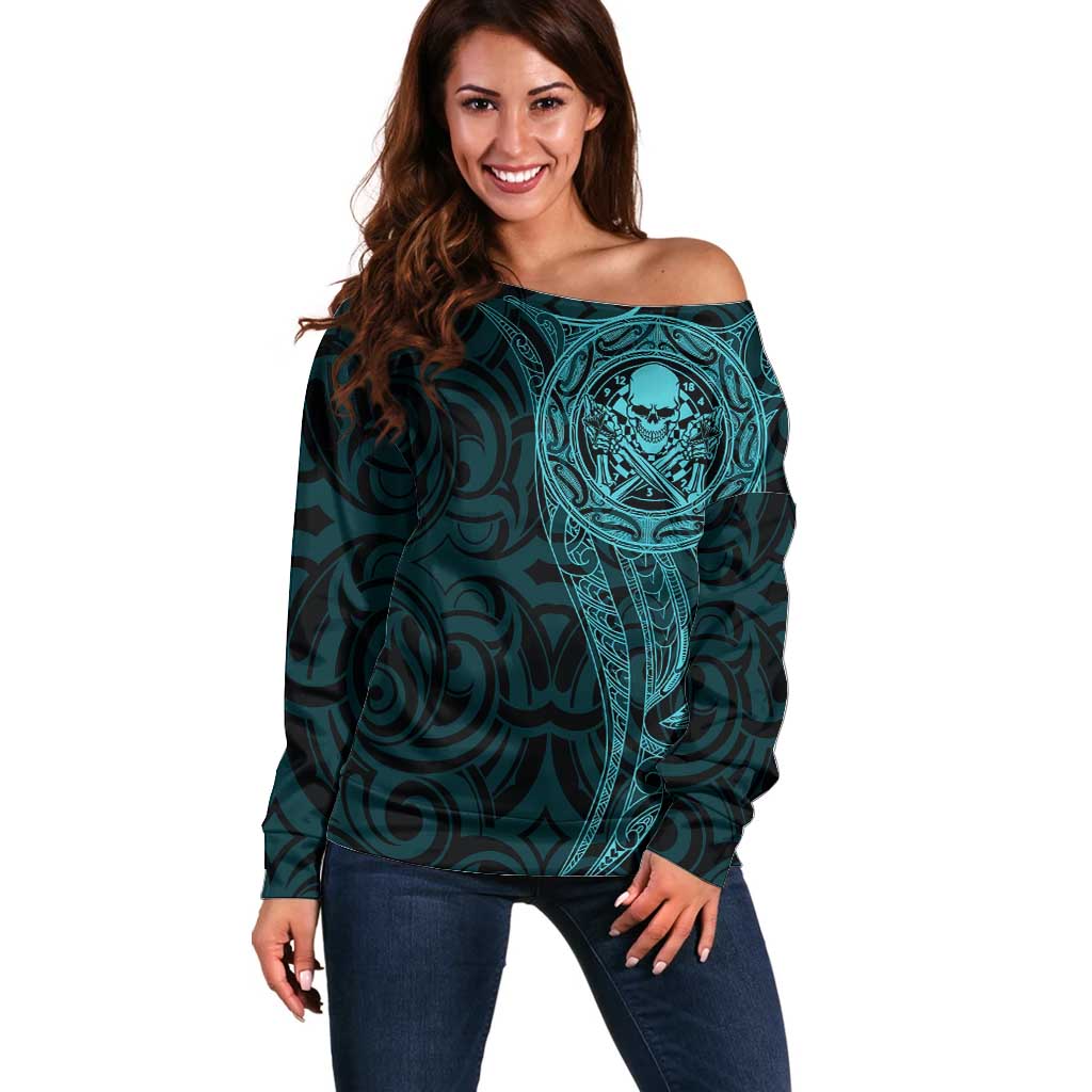 New Zealand Skull Darts Off Shoulder Sweater Aotearoa Maori Chest Tattoo Stylized Teal - Polynesian Pride