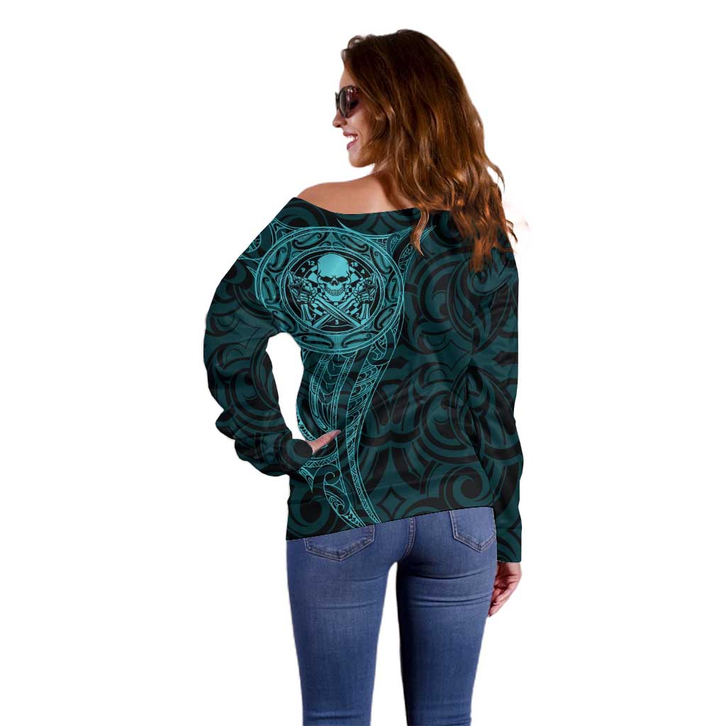 New Zealand Skull Darts Off Shoulder Sweater Aotearoa Maori Chest Tattoo Stylized Teal - Polynesian Pride