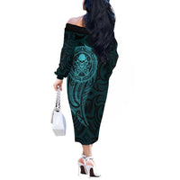 New Zealand Skull Darts Off The Shoulder Long Sleeve Dress Aotearoa Maori Chest Tattoo Stylized Teal - Polynesian Pride