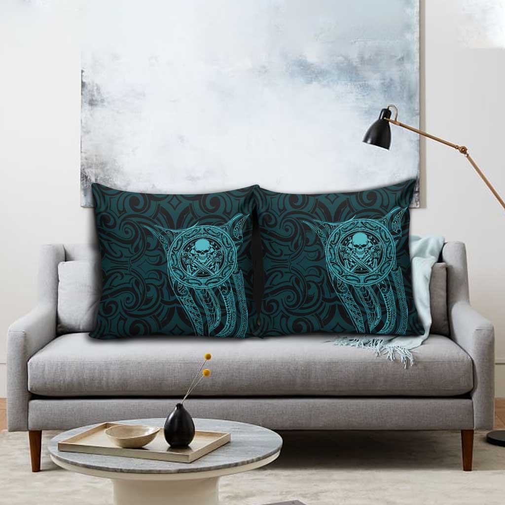 New Zealand Skull Darts Pillow Cover Aotearoa Maori Chest Tattoo Stylized Teal - Polynesian Pride