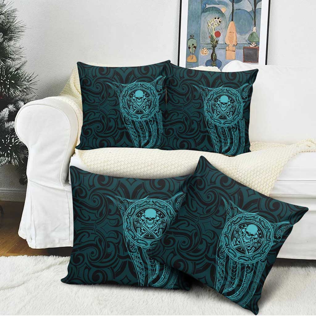 New Zealand Skull Darts Pillow Cover Aotearoa Maori Chest Tattoo Stylized Teal - Polynesian Pride