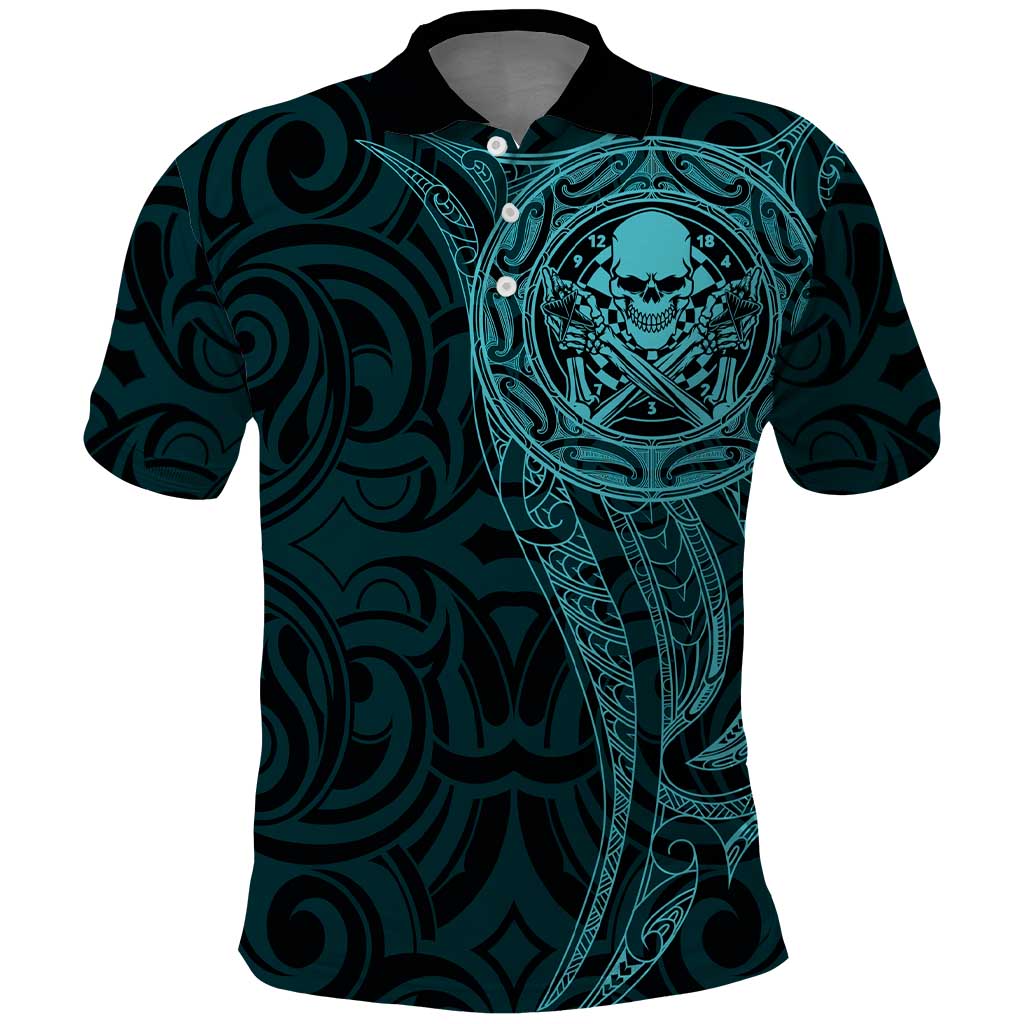 New Zealand Skull Darts Polo Shirt Aotearoa Maori Chest Tattoo Stylized Teal - Polynesian Pride