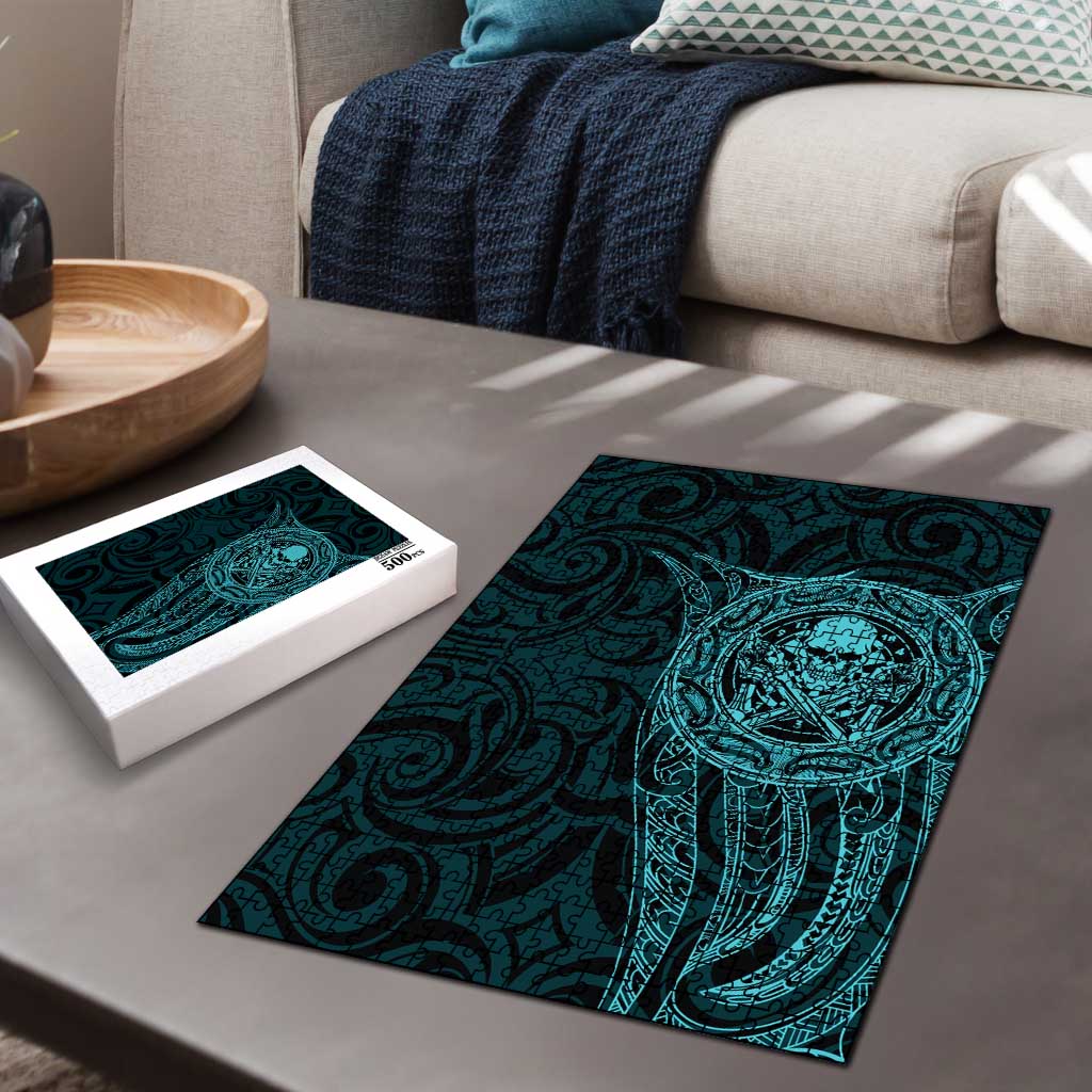 New Zealand Skull Darts Puzzle Aotearoa Maori Chest Tattoo Stylized Teal - Polynesian Pride