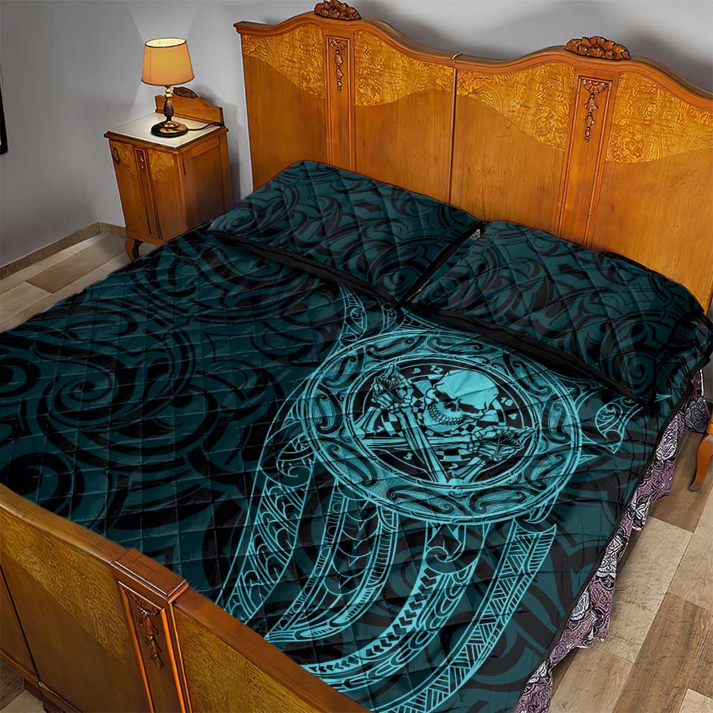 New Zealand Skull Darts Quilt Bed Set Aotearoa Maori Chest Tattoo Stylized Teal - Polynesian Pride
