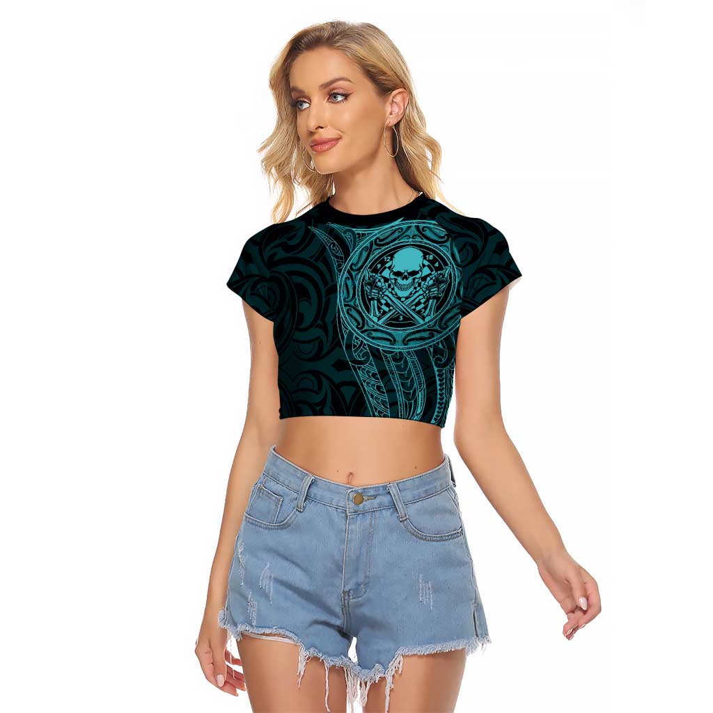 New Zealand Skull Darts Raglan Cropped T Shirt Aotearoa Maori Chest Tattoo Stylized Teal - Polynesian Pride