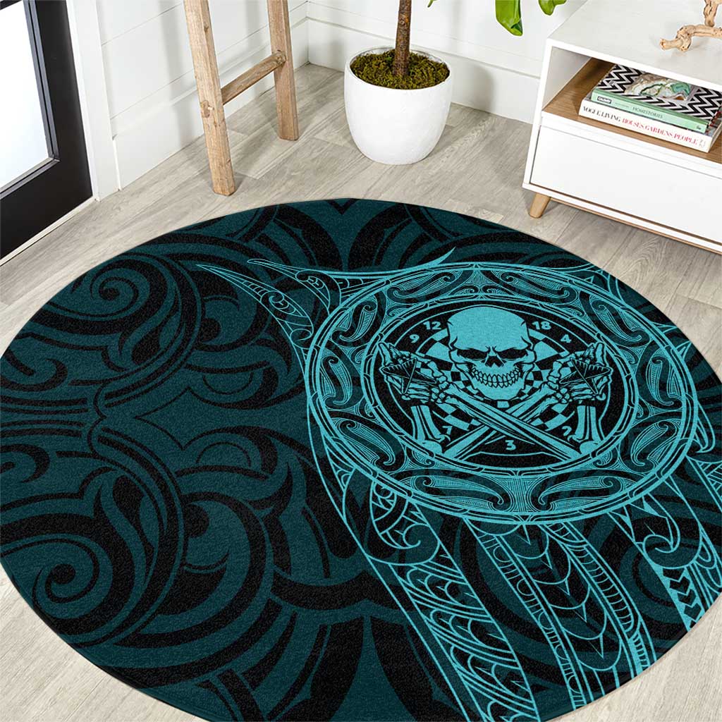 New Zealand Skull Darts Round Carpet Aotearoa Maori Chest Tattoo Stylized Teal - Polynesian Pride