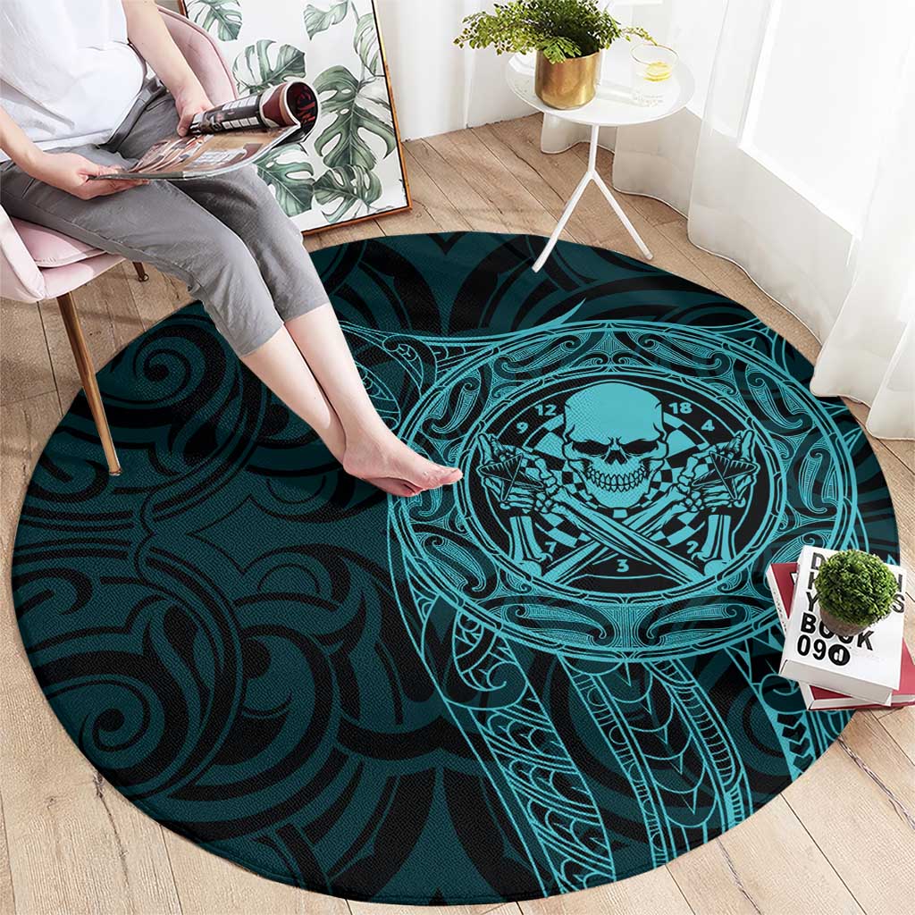 New Zealand Skull Darts Round Carpet Aotearoa Maori Chest Tattoo Stylized Teal - Polynesian Pride
