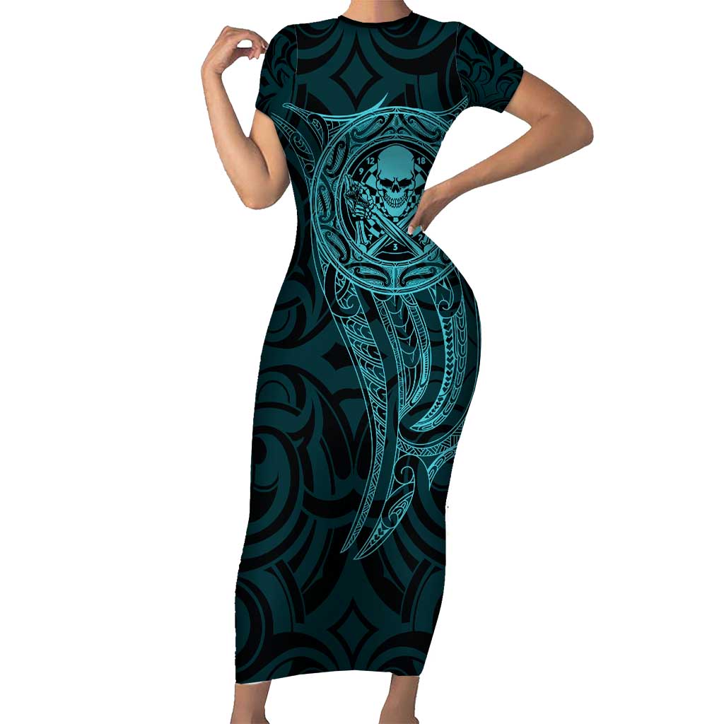 New Zealand Skull Darts Short Sleeve Bodycon Dress Aotearoa Maori Chest Tattoo Stylized Teal - Polynesian Pride