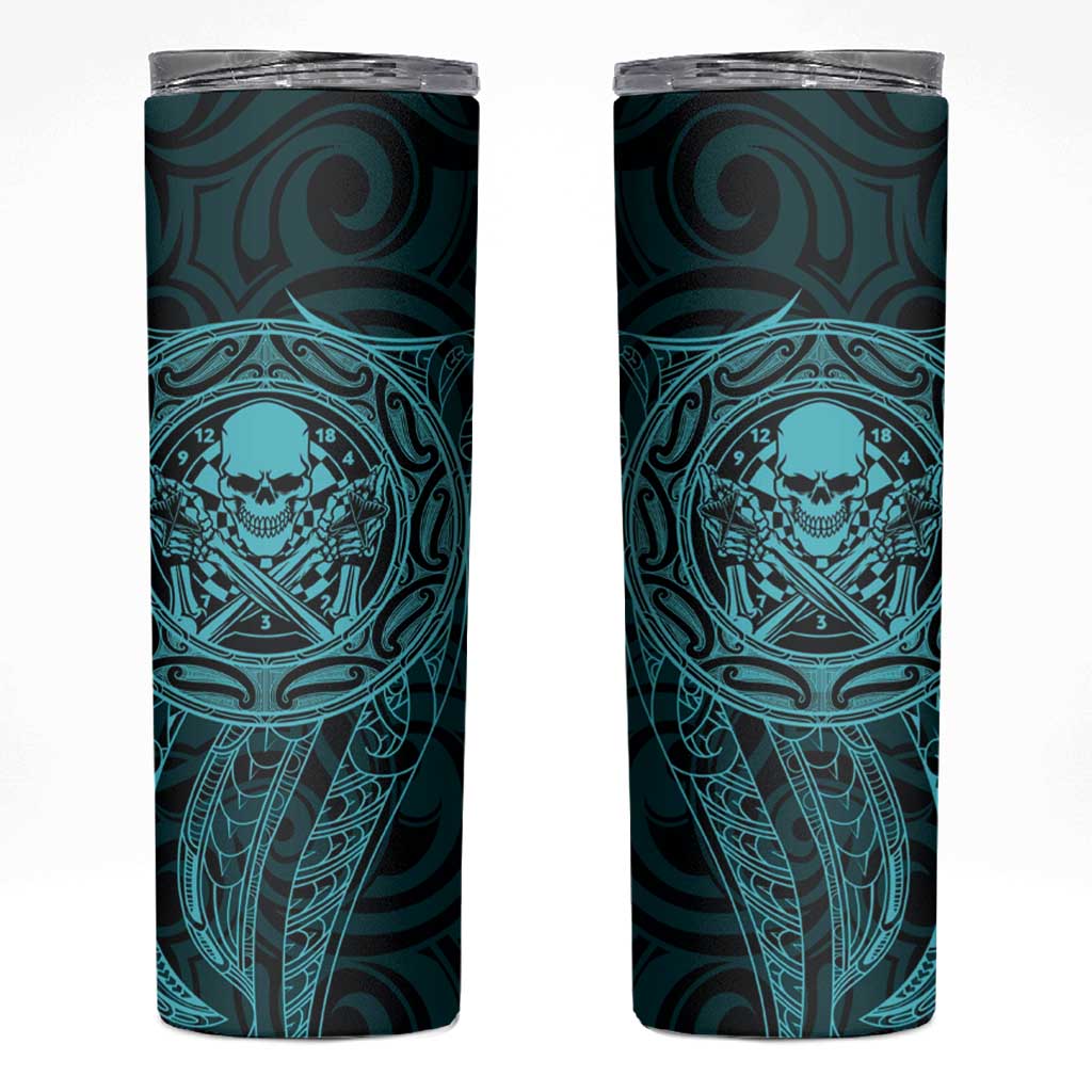 New Zealand Skull Darts Skinny Tumbler Aotearoa Maori Chest Tattoo Stylized Teal - Polynesian Pride