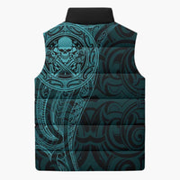 New Zealand Skull Darts Sleeveless Puffer Jacket Aotearoa Maori Chest Tattoo Stylized Teal - Polynesian Pride