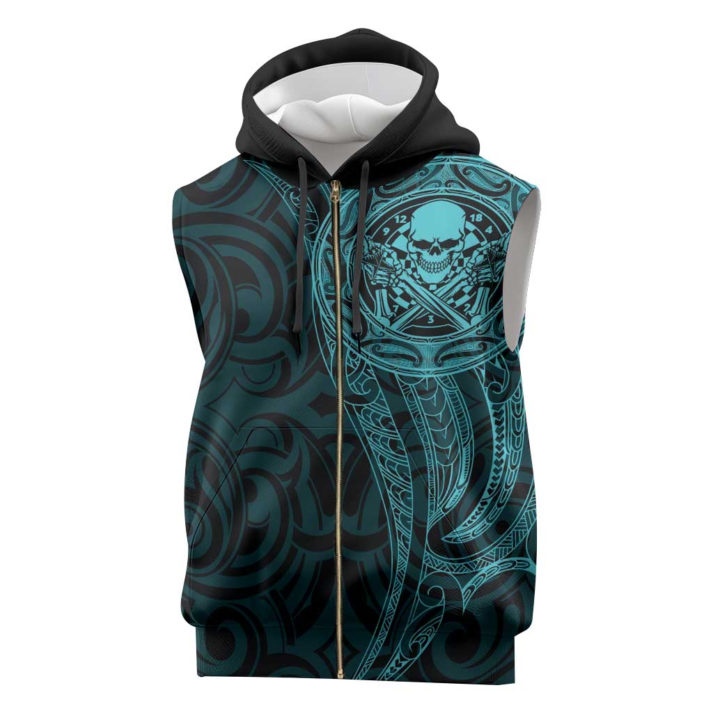New Zealand Skull Darts Sleeveless Zip Hoodie Aotearoa Maori Chest Tattoo Stylized Teal - Polynesian Pride