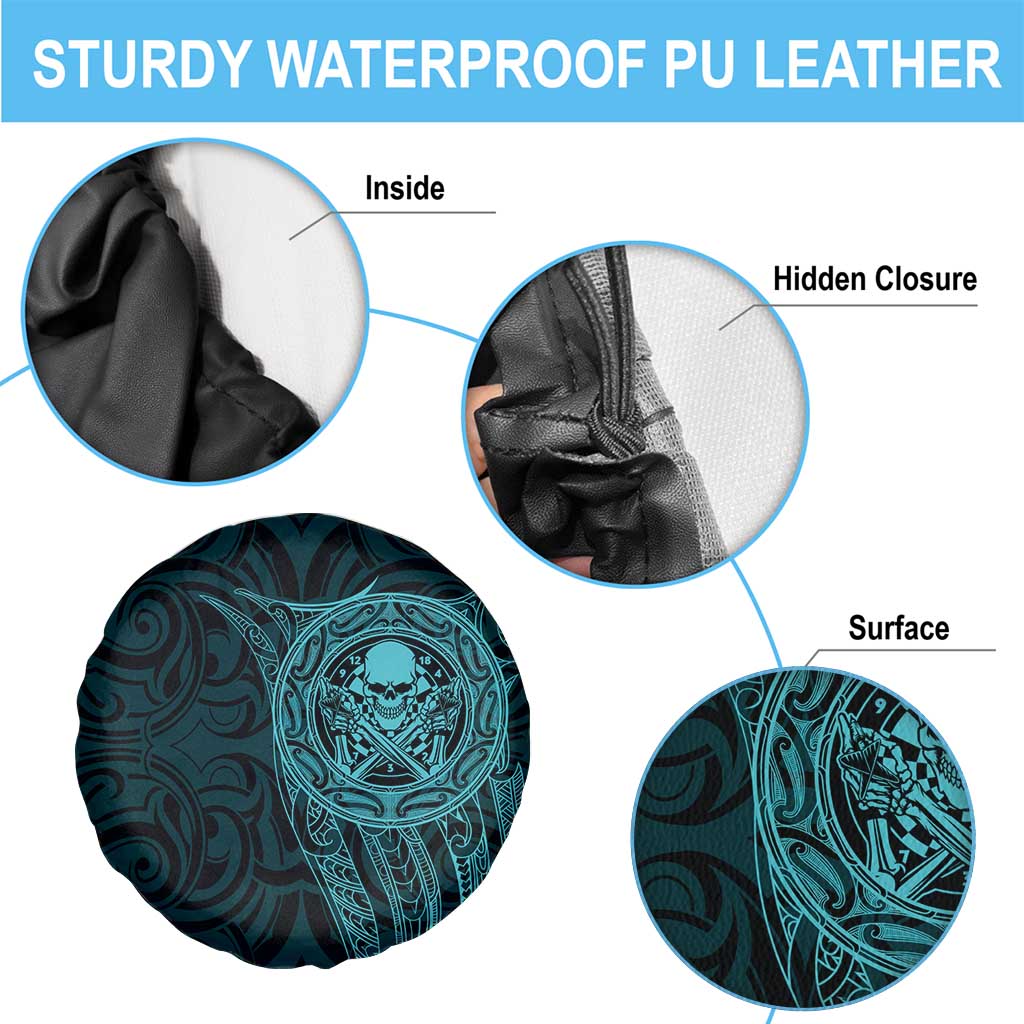 New Zealand Skull Darts Spare Tire Cover Aotearoa Maori Chest Tattoo Stylized Teal - Polynesian Pride