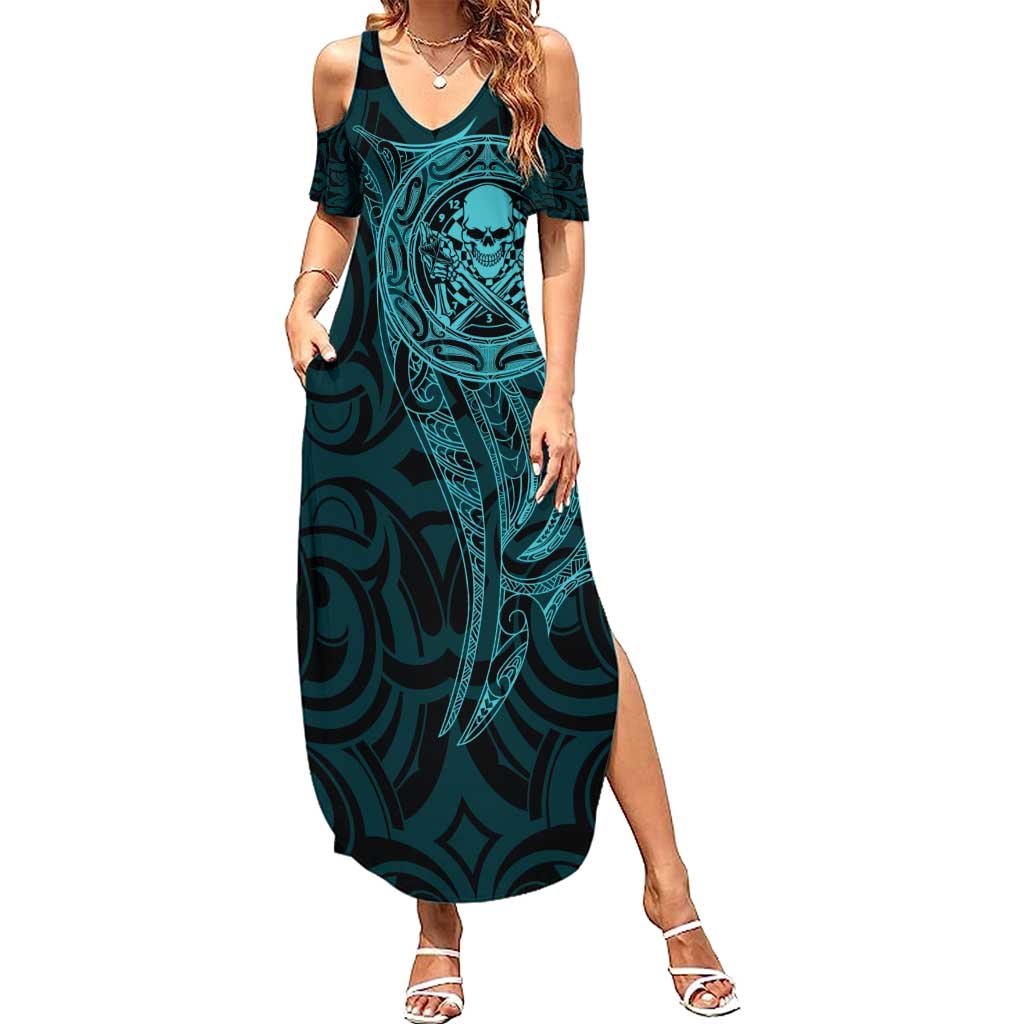 New Zealand Skull Darts Summer Maxi Dress Aotearoa Maori Chest Tattoo Stylized Teal - Polynesian Pride