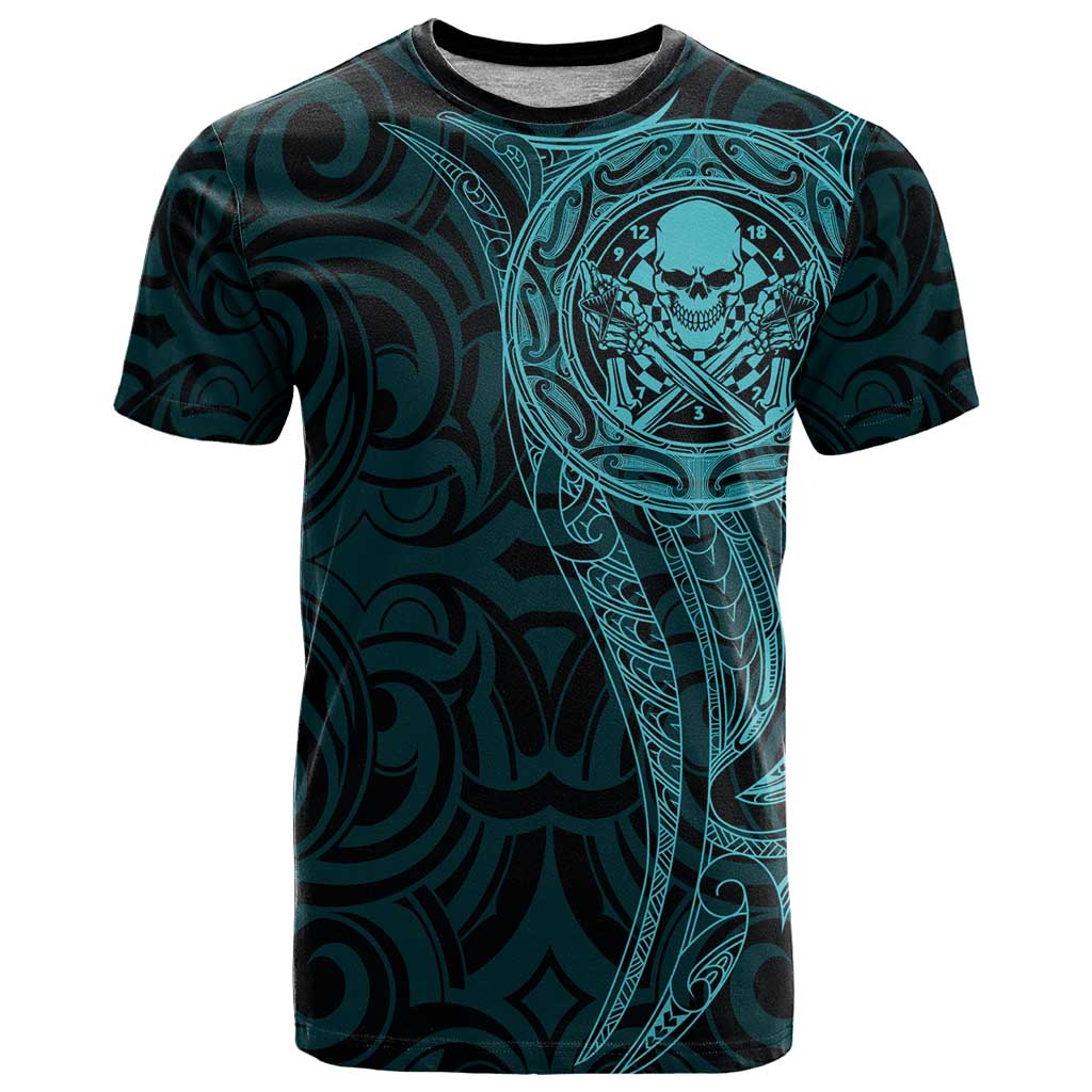 New Zealand Skull Darts T Shirt Aotearoa Maori Chest Tattoo Stylized Teal - Polynesian Pride