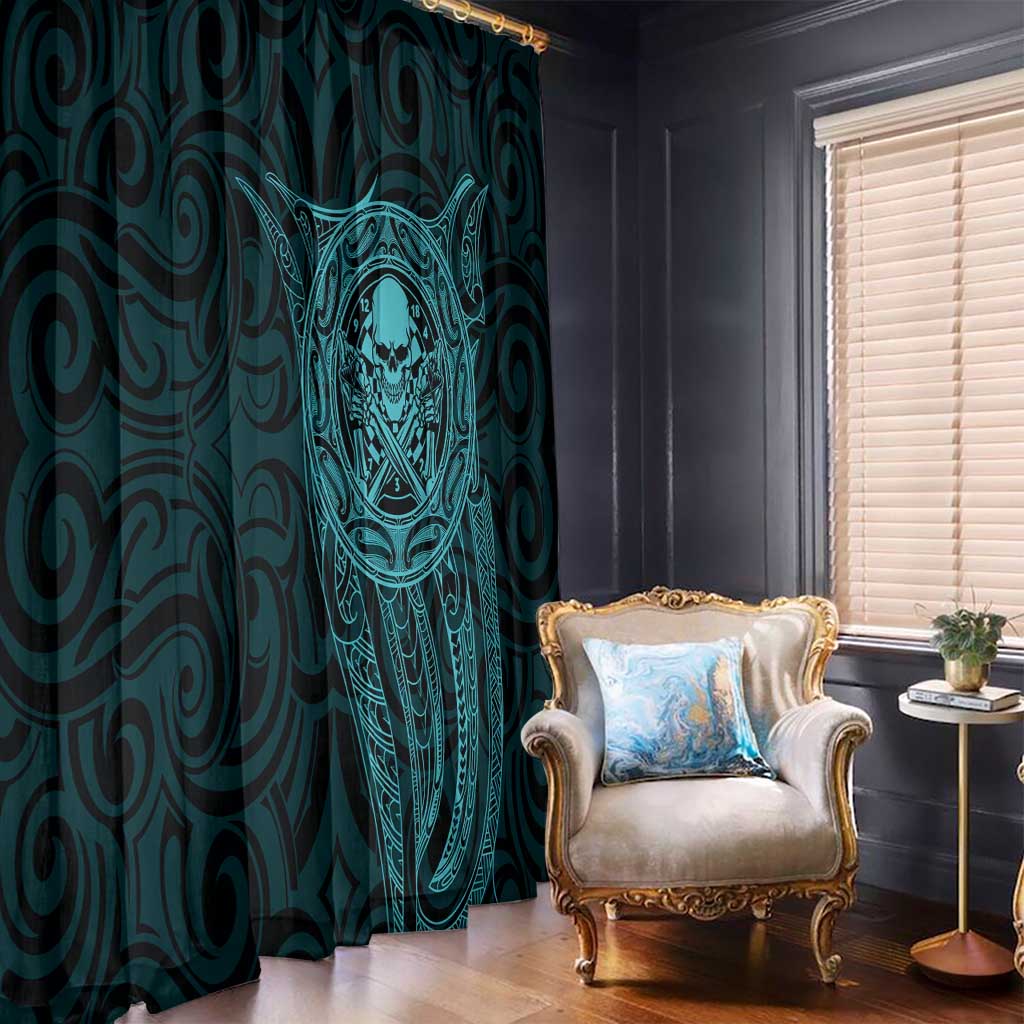 New Zealand Skull Darts Window Curtain Aotearoa Maori Chest Tattoo Stylized Teal - Polynesian Pride