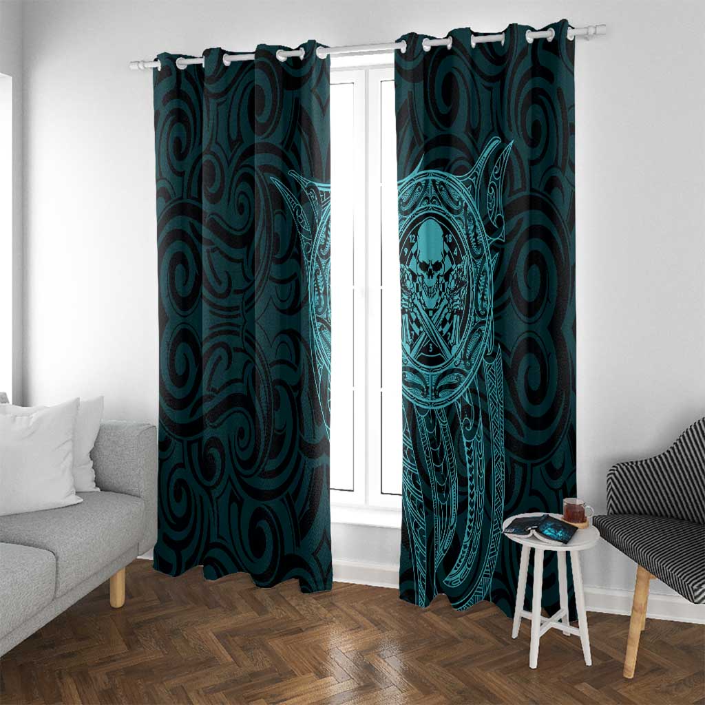 New Zealand Skull Darts Window Curtain Aotearoa Maori Chest Tattoo Stylized Teal - Polynesian Pride