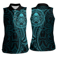 New Zealand Skull Darts Women Sleeveless Polo Shirt Aotearoa Maori Chest Tattoo Stylized Teal - Polynesian Pride
